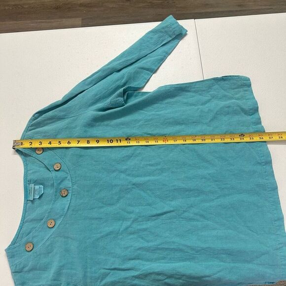 Hot Cotton Linen Button Neck Coastal Turquoise Blue Top XL Casual Boho Pullover - Picture 8 of 9